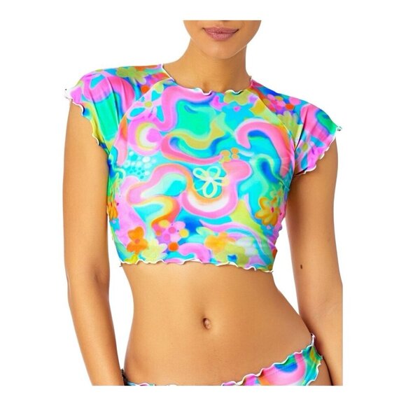 Salt & Cove Printed Lettuce Edge Short Sleeve Swim Top & Bikini Large Retro - Picture 2 of 12